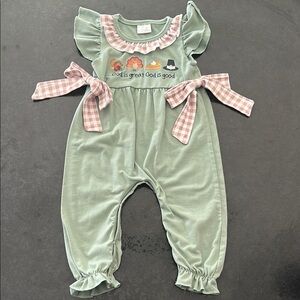 2XS 6-12 months Kids Green Ruffled Jumpsuit- Thanksgiving Themed